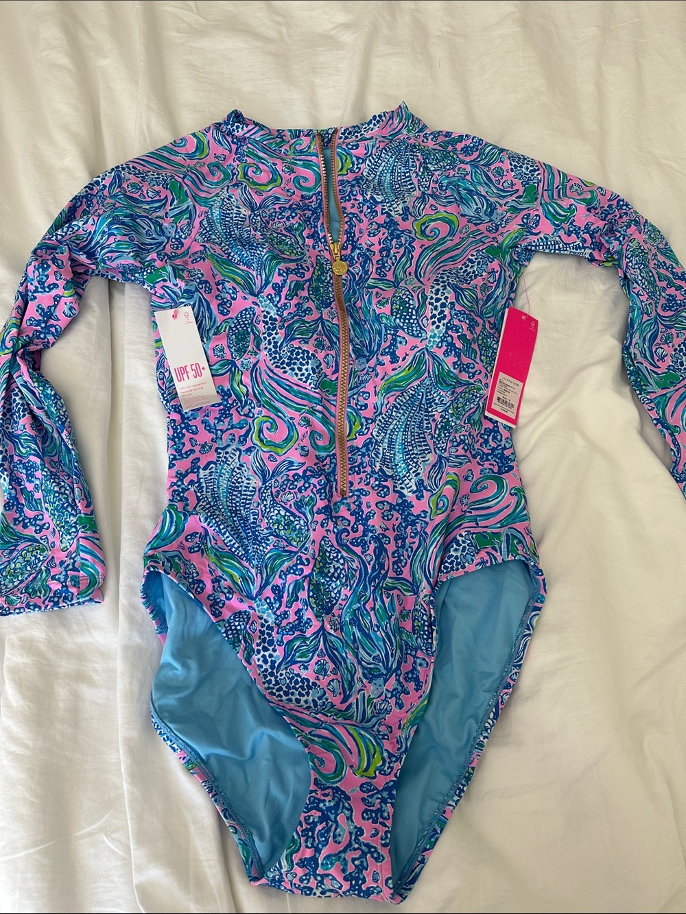 Lilly Pulitzer Randee Rashguard One-Piece Swimsuit, Lilac Rose We Mermaid It, 12